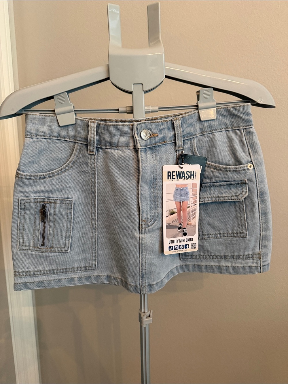 Rewash Light Wash Denim Mini Skirt with Utility Pockets